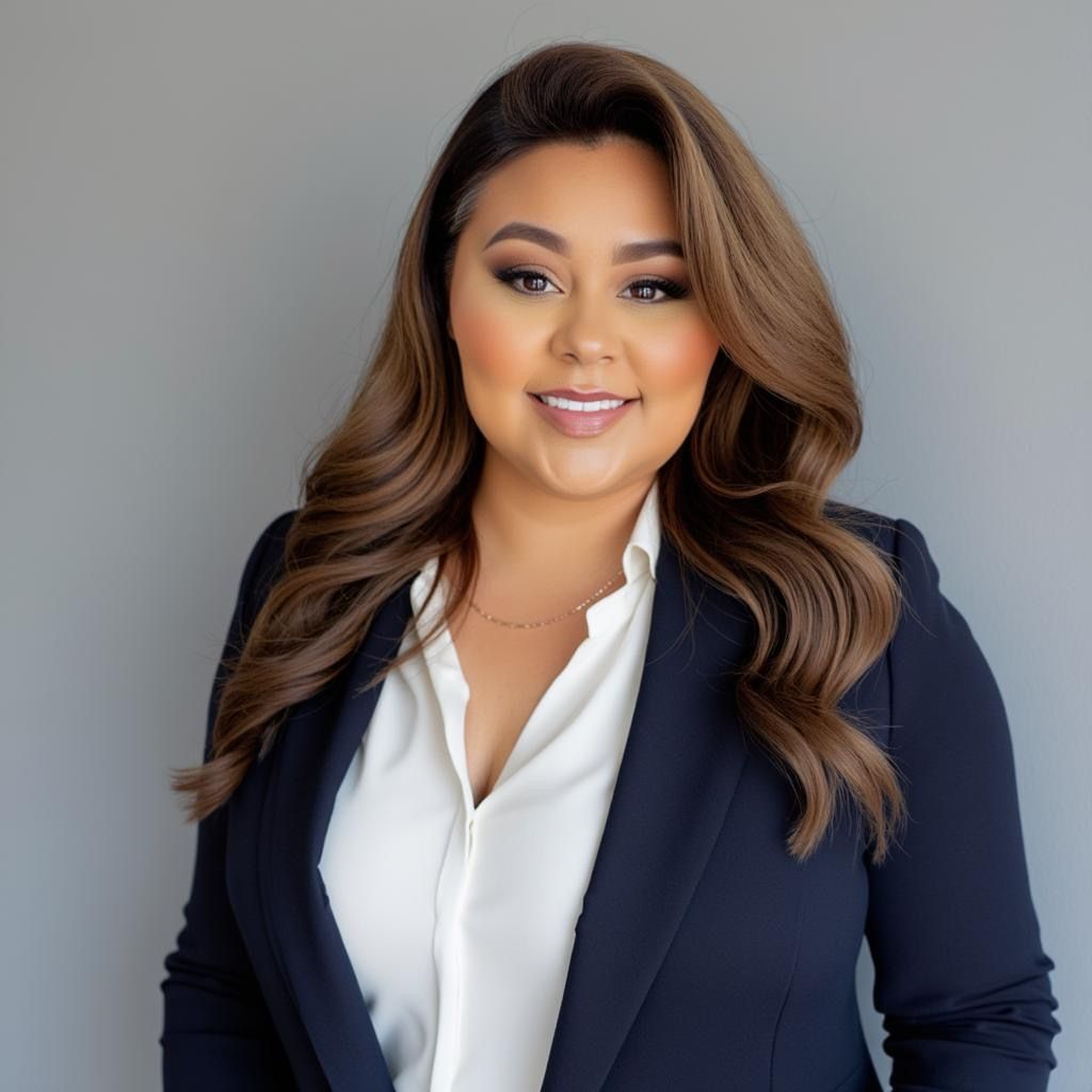 A woman is sitting at a desk with a laptop and a vase of flowers.