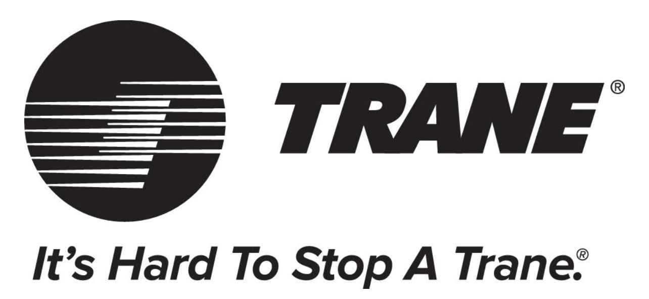 The trane logo is black and white and says it 's hard to stop a trane.