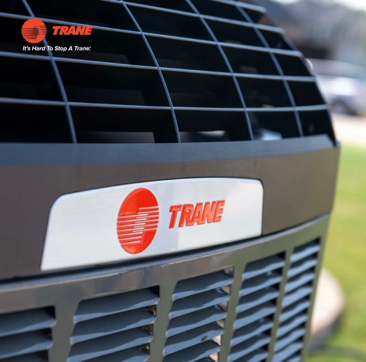 The front of a trane air conditioner is shown