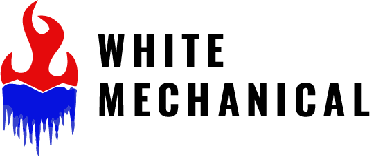 A white mechanical logo with a red , blue and white flame
