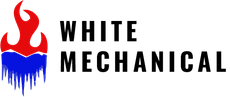 A white mechanical logo with a red , blue and white flame
