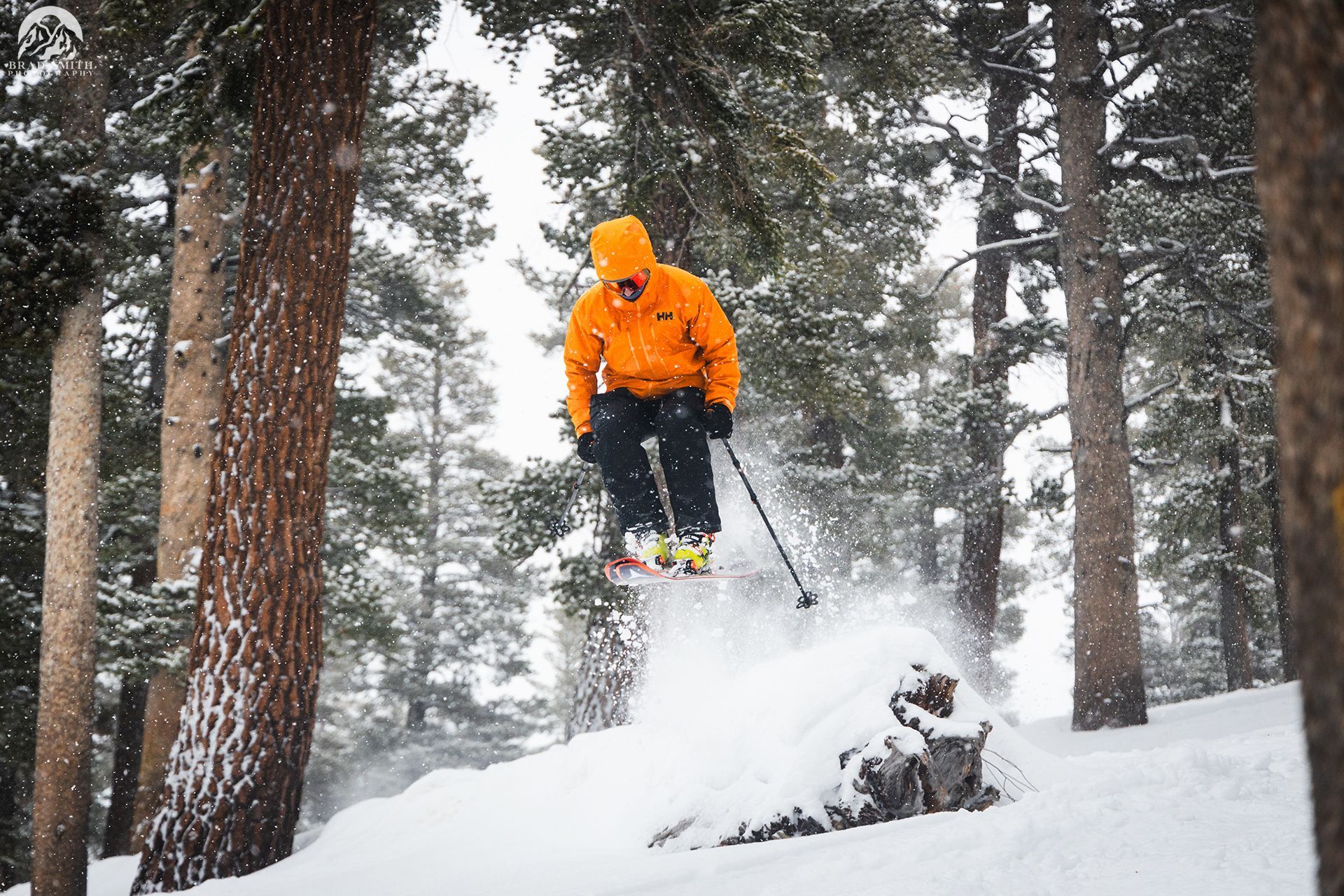 Skier in bright orange jacket jumping through powder snow in a snowy forest