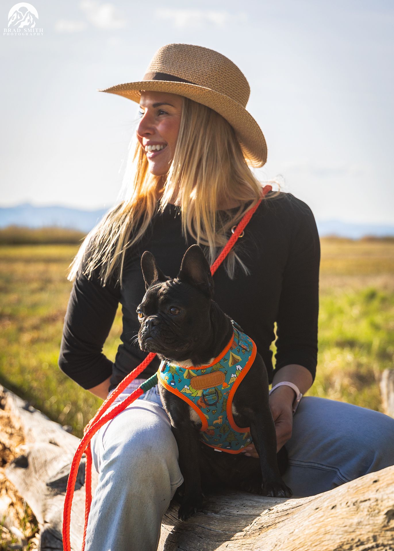 Woman in a straw hat sitting on a log with a small black dog in a harness in a sunny field