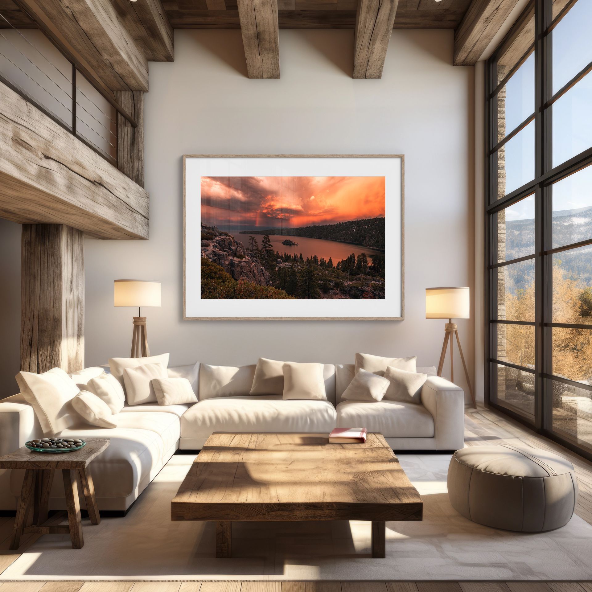 Cozy living room with large windows, a white sofa, and a framed landscape painting. Wooden beams and a rustic coffee table.
