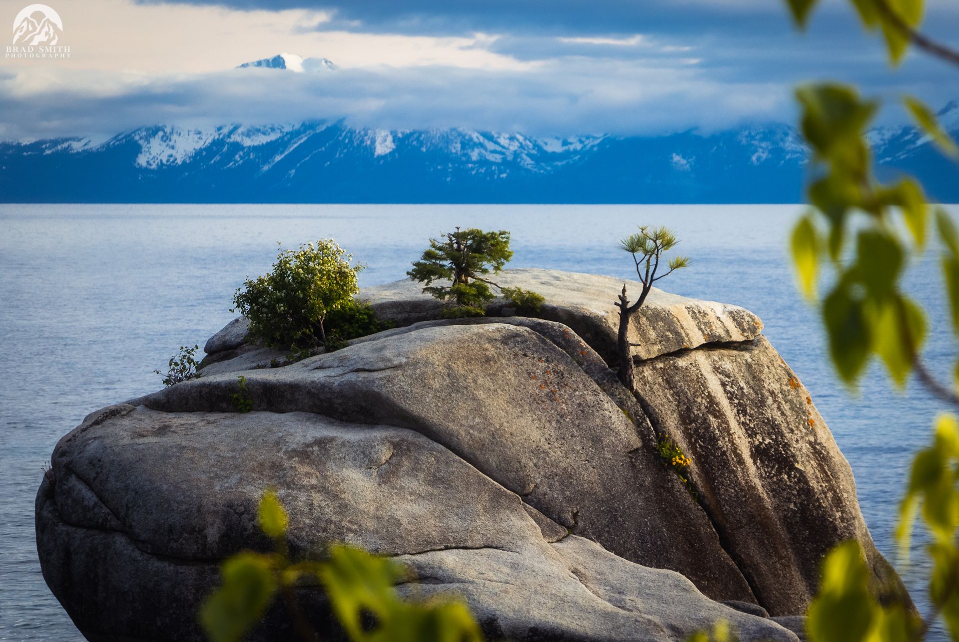 Rocky outcrop by a blue lake with snow-capped mountains in the background and small trees on top