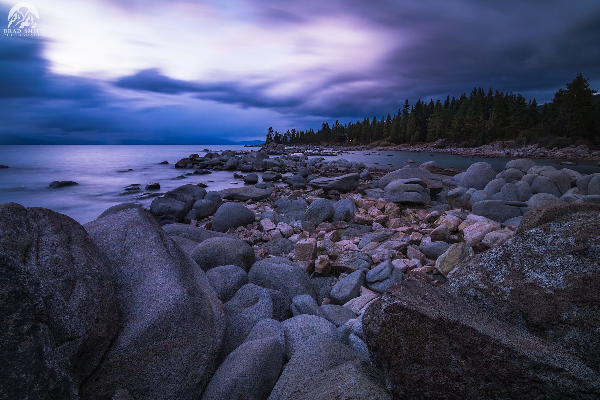 Rocky shoreline at dusk with waves, pine trees, and a purple-blue cloudy sky