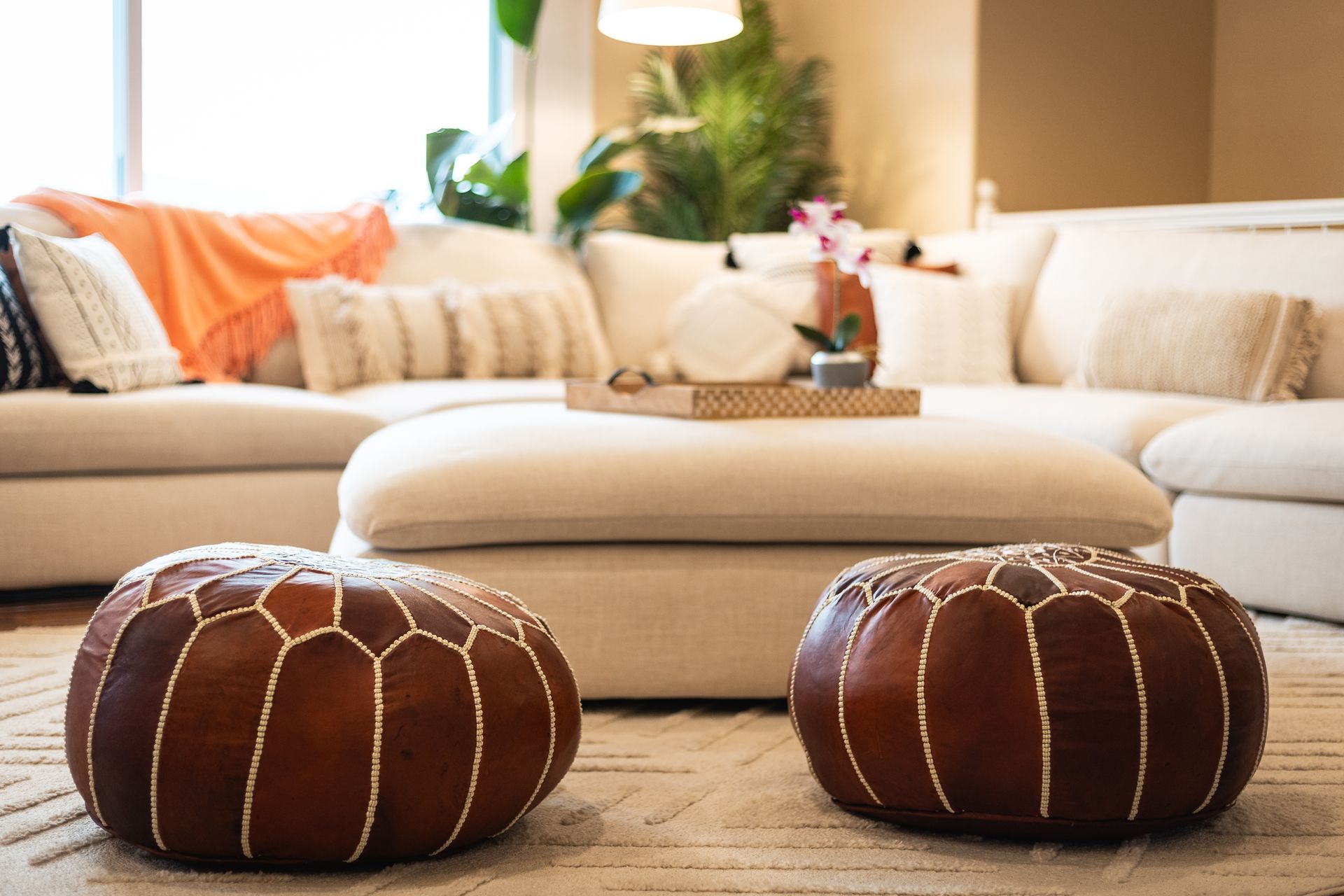 Cozy living room with cream sofa and two brown round floor cushions on a rug