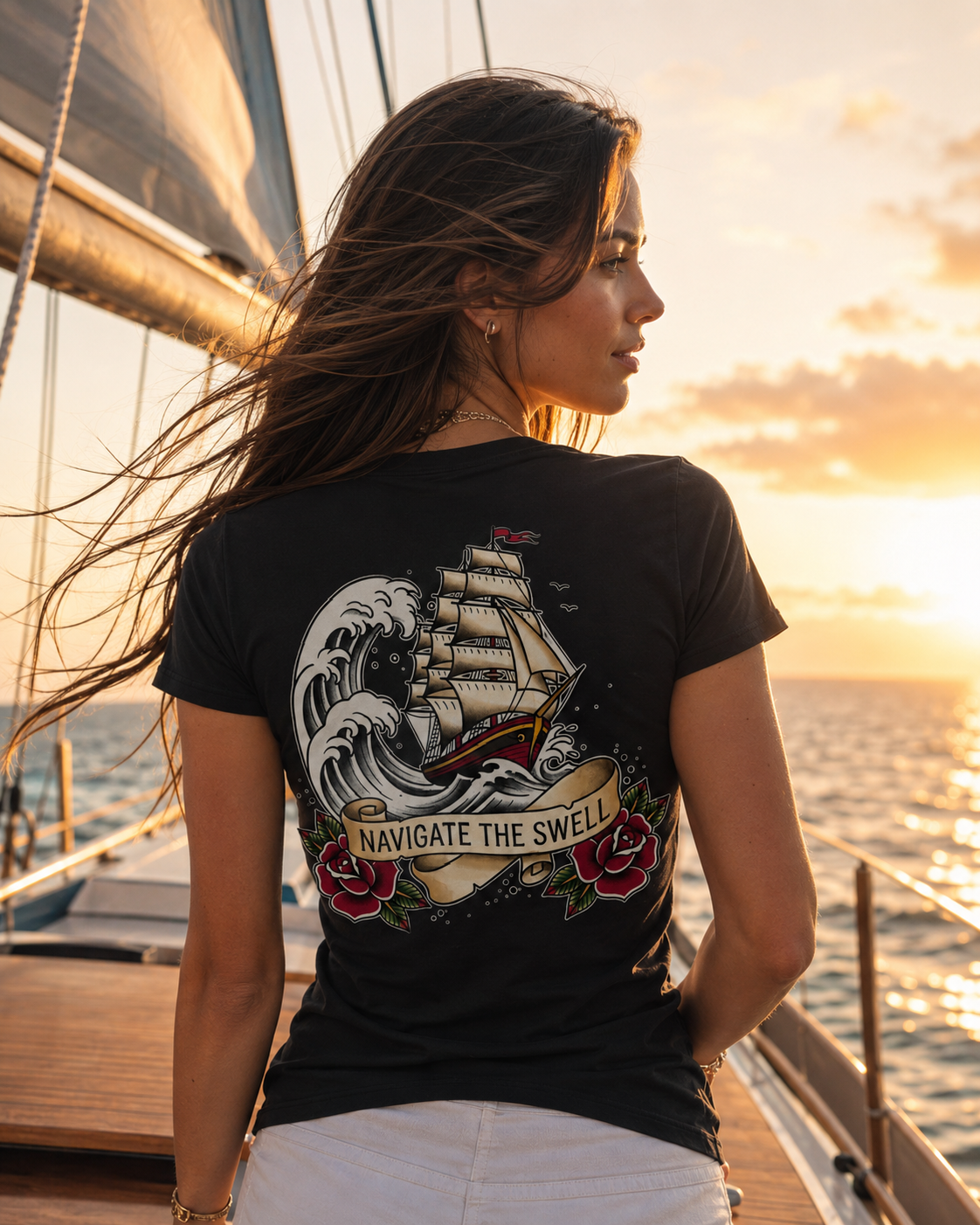 Navigate the Swell (Clipper Ship) Lifestyle Tee — Black