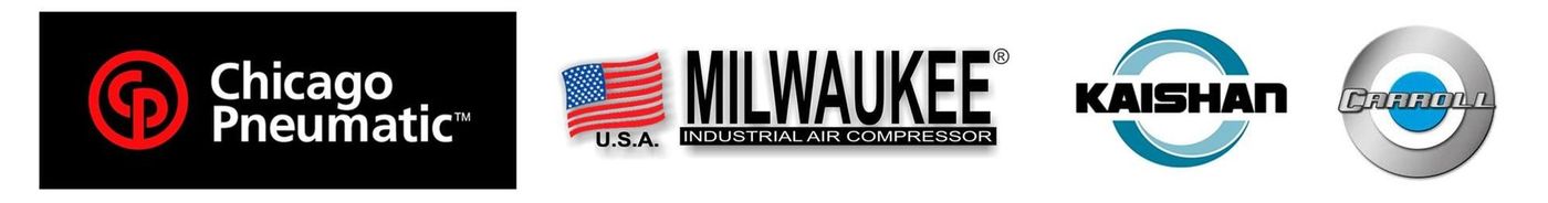 Tres logotipos para Chicago Pneumatic, Milwaukee y Kaishan