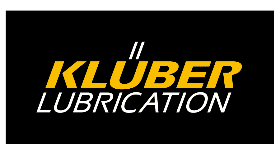 El logotipo de Kluber Lubrication es amarillo y blanco sobre un fondo negro.