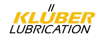 El logotipo de Kluber Lubrication es amarillo y blanco sobre un fondo negro.