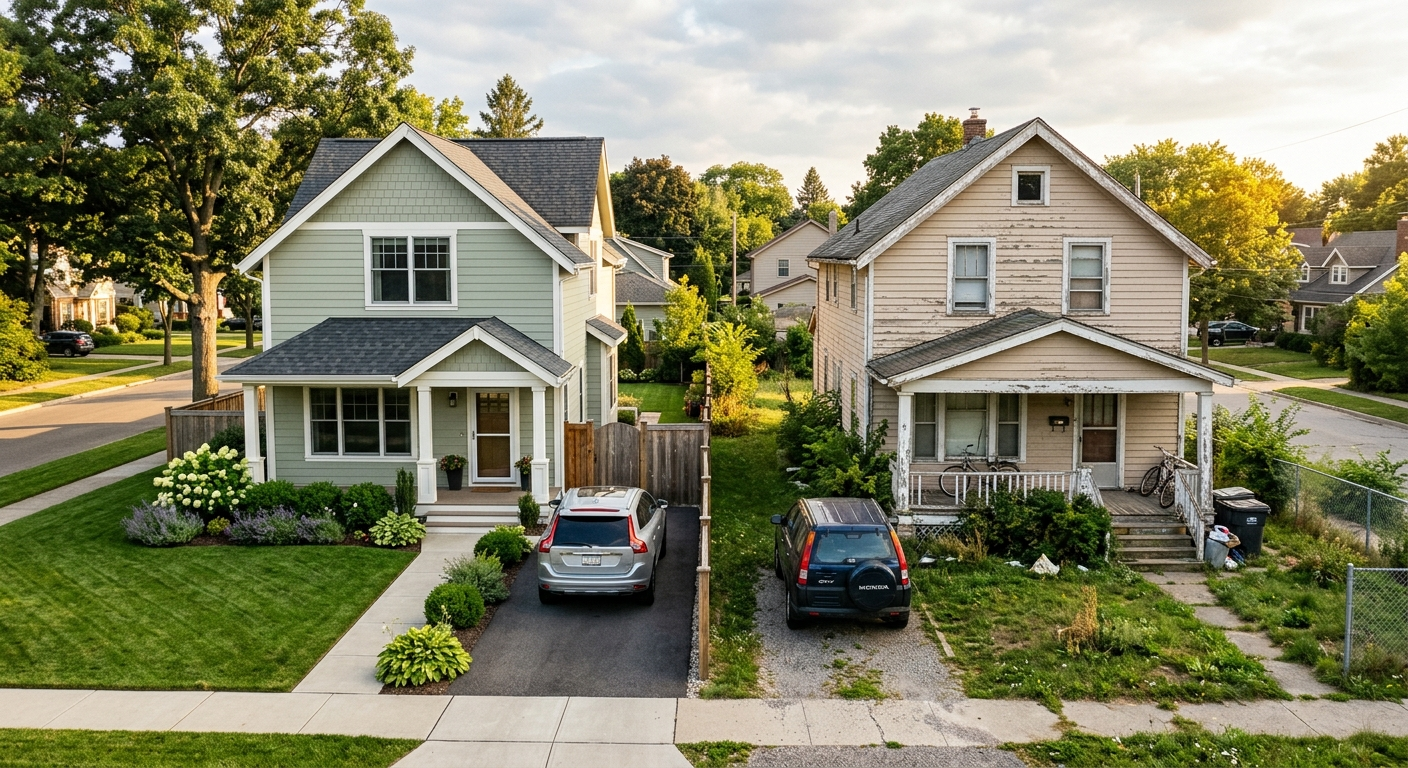 Two Missouri residential properties side by side, one owner-occupied home and one rental house on a quiet suburban street