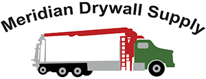 Logo for Meridian Drywall Supply. A crane truck, green cab, red crane, with the company name arching above.