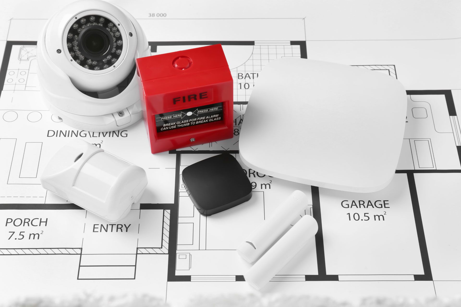 Home security gadgets, including door and window sensors and motion sensors