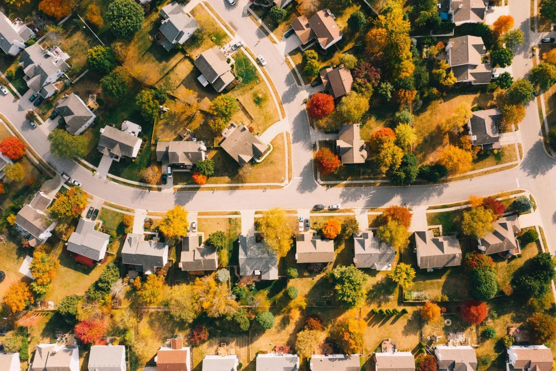 Aerial view of the Burlington neighbourhood with curving streets and autumn trees.