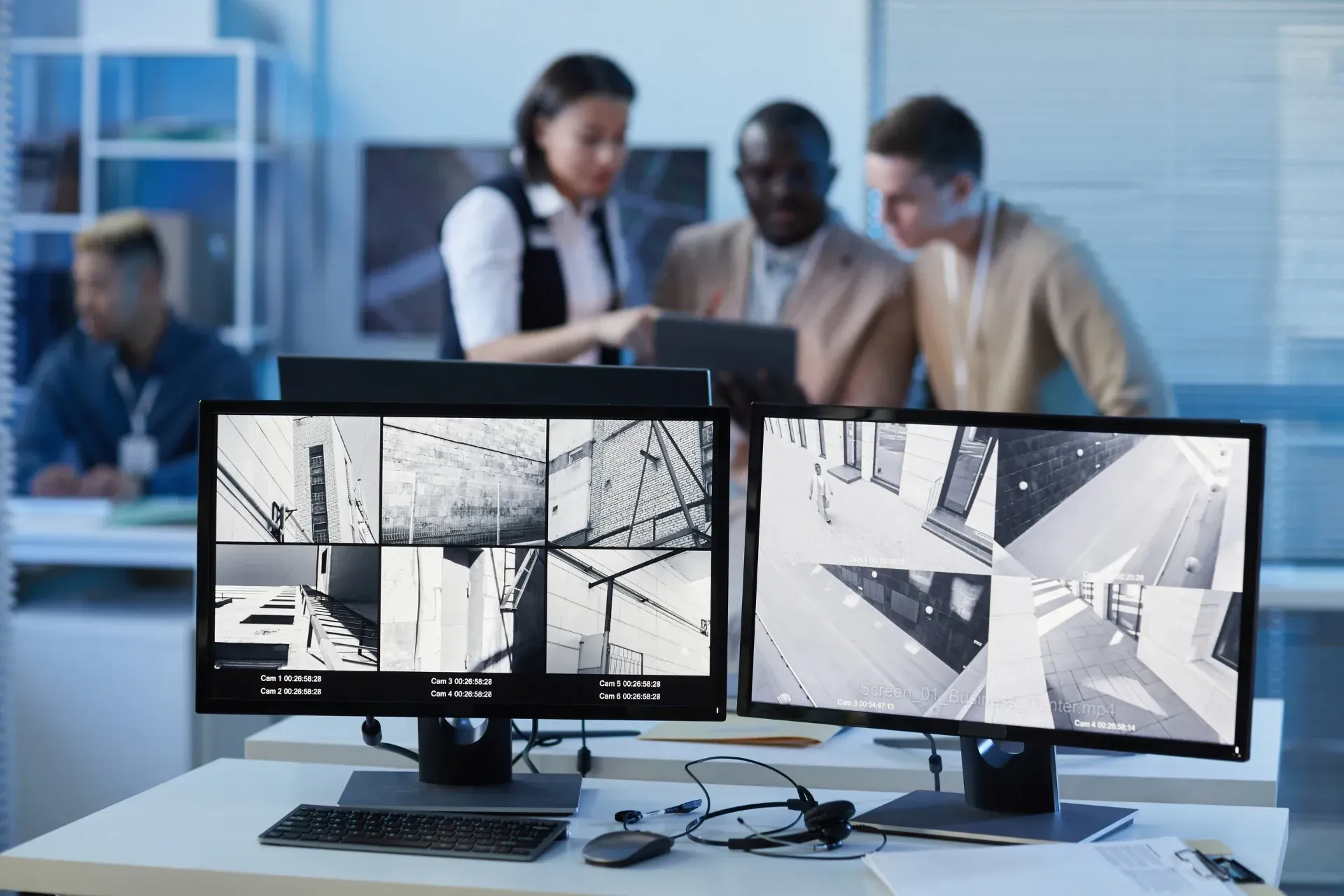 Office security team reviewing surveillance camera footage on monitors.