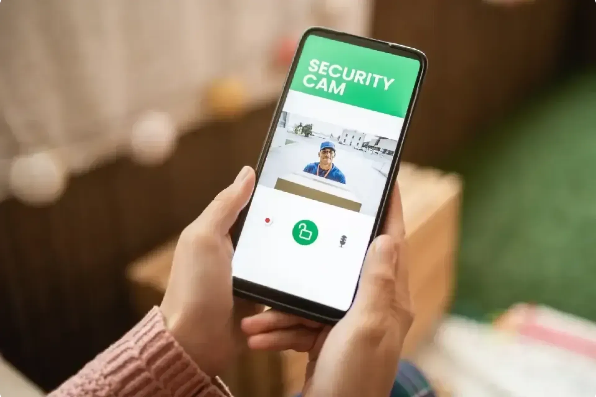 Hands hold a smartphone showing security cam footage.  