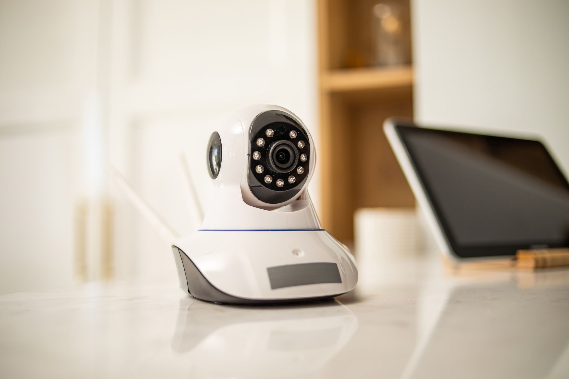 Home security camera on kitchen table