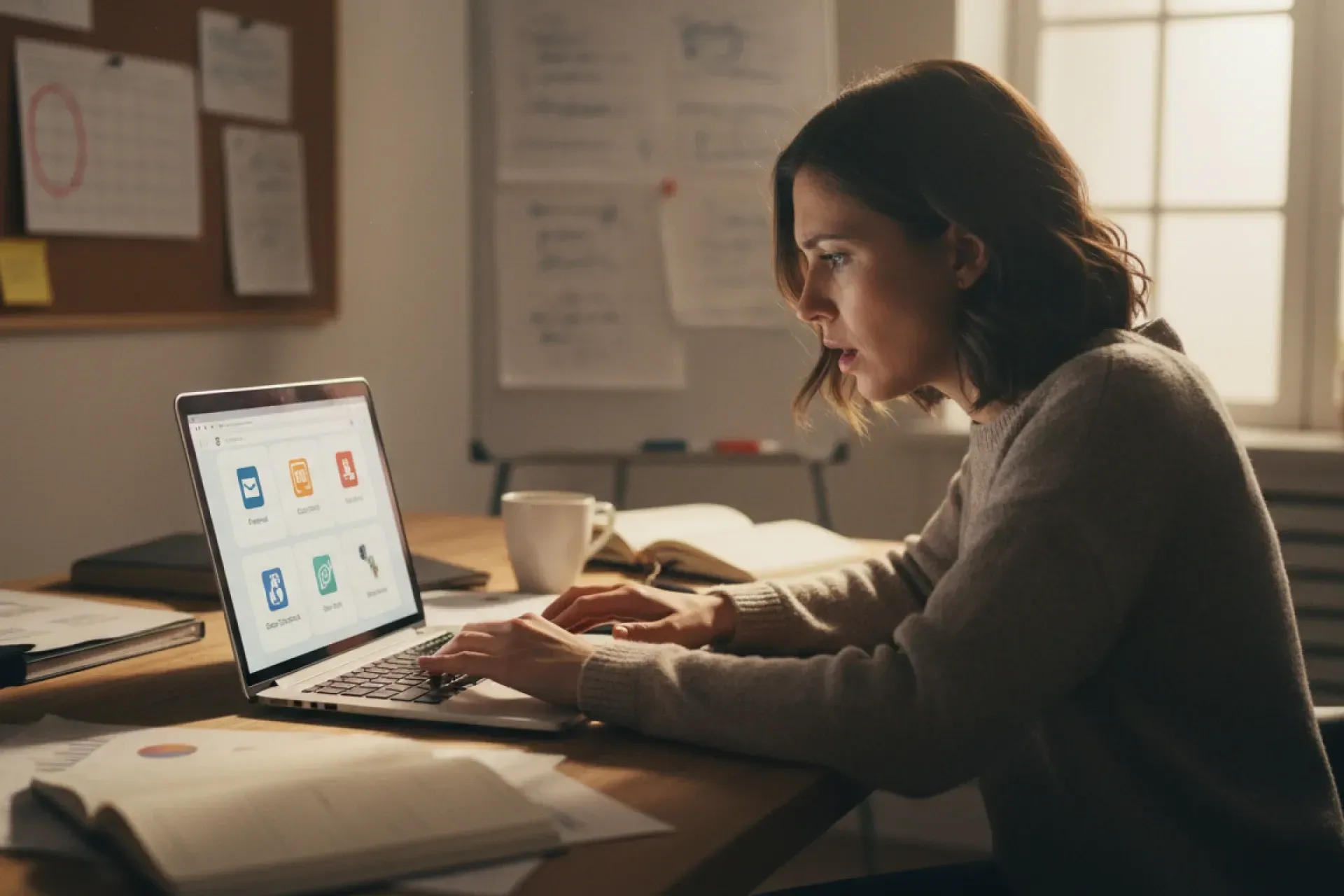 A small business owner working on her laptop on an office desk