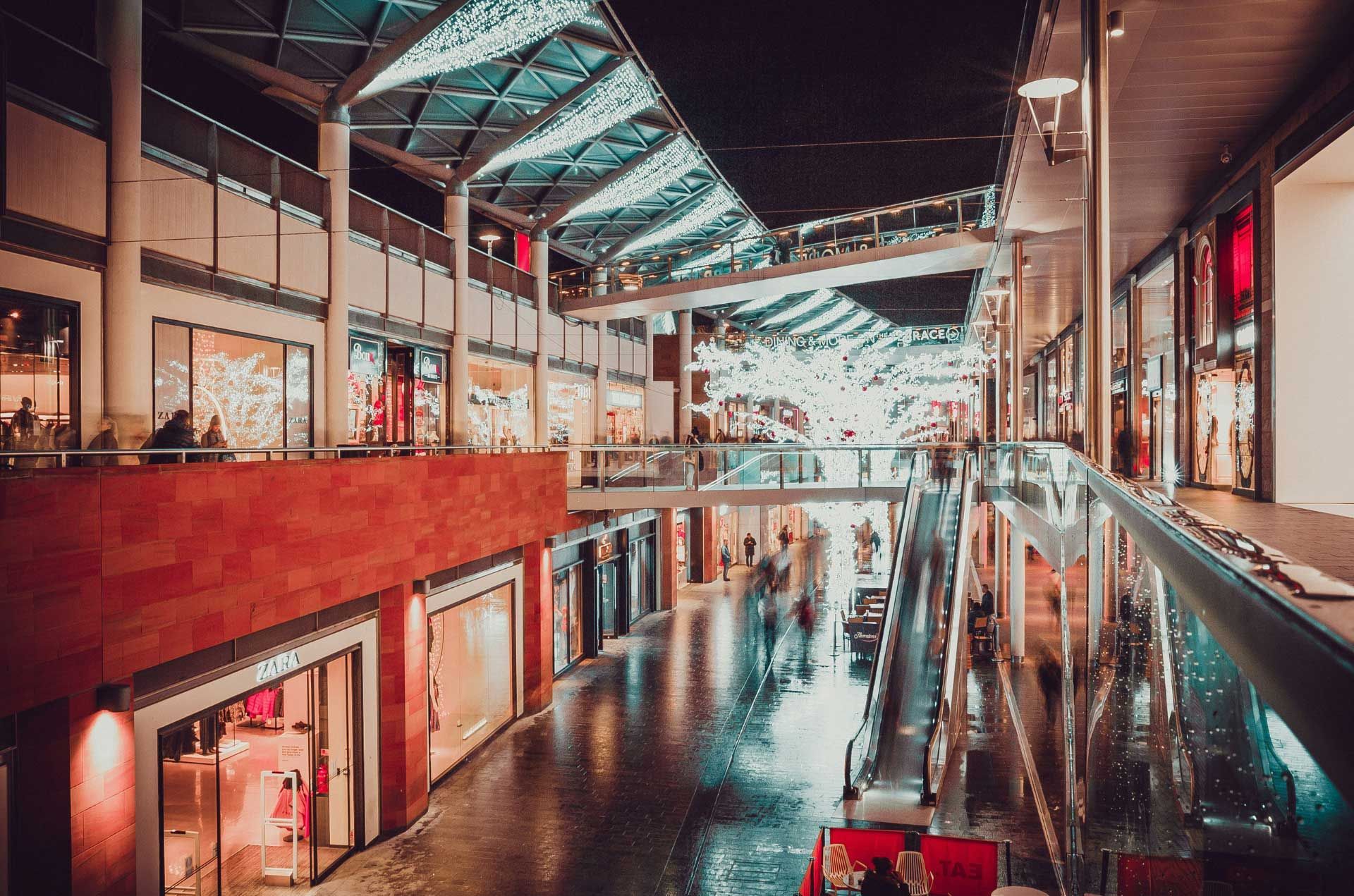 The interior of a mall at night
