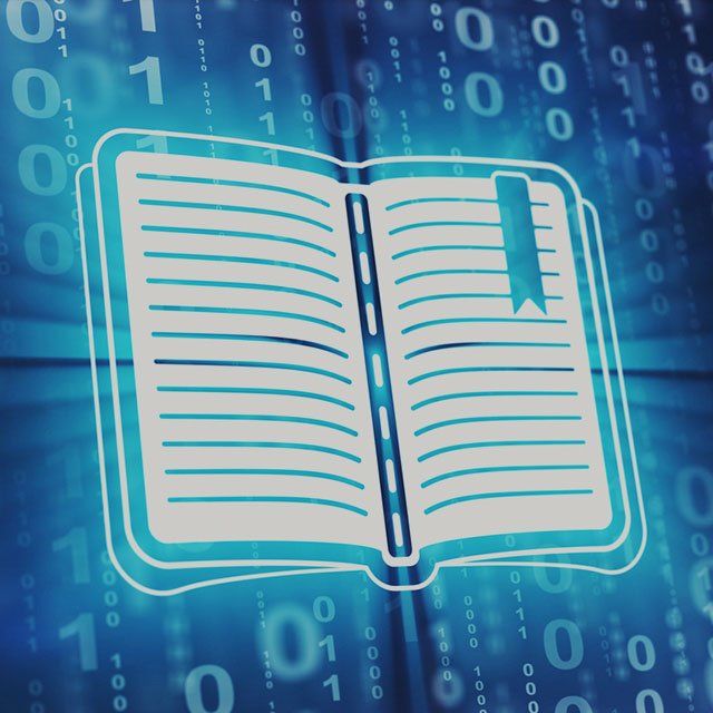 An open book with a bookmark on a blue background