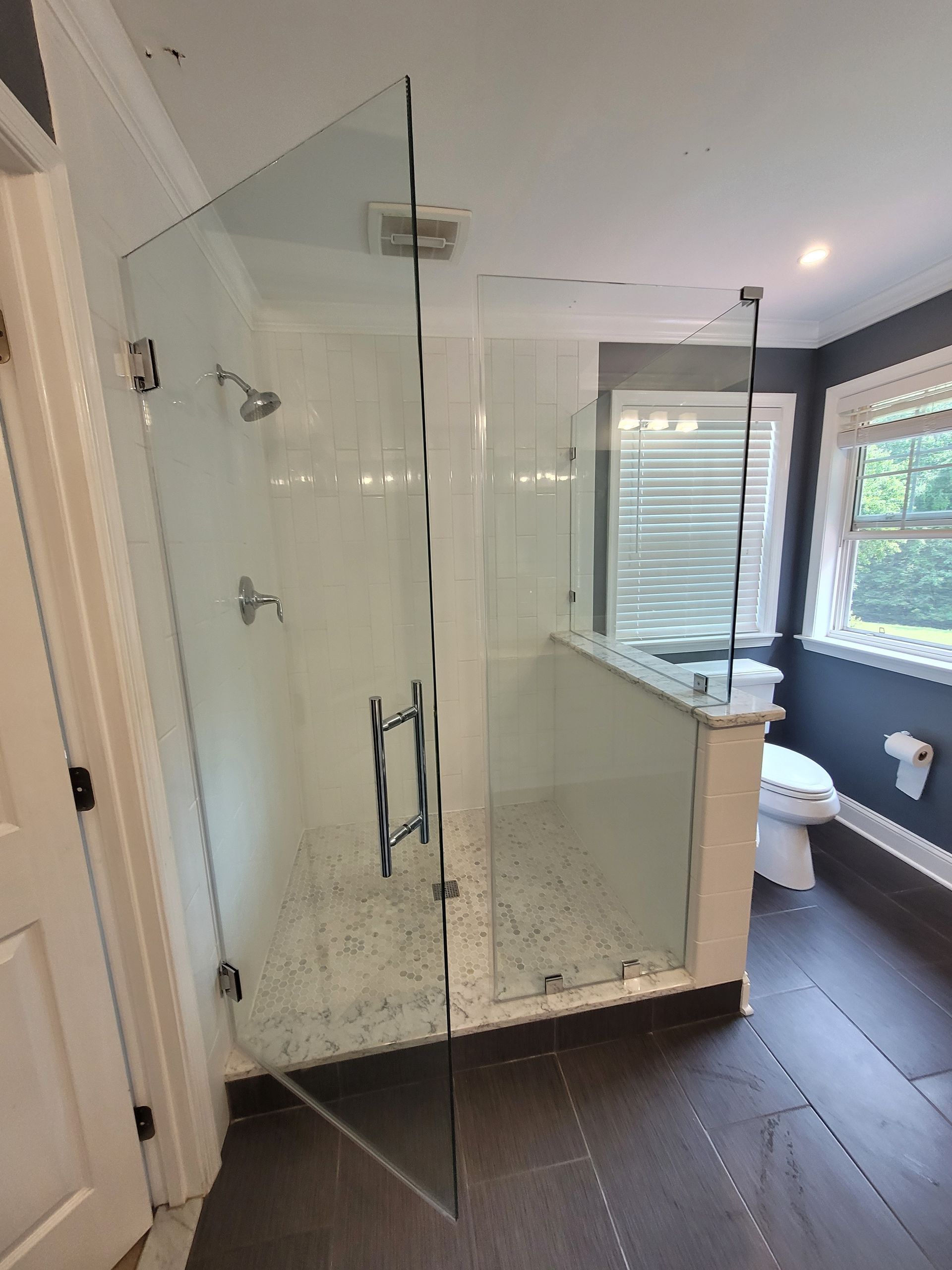 A bathroom with a walk in shower and a toilet.