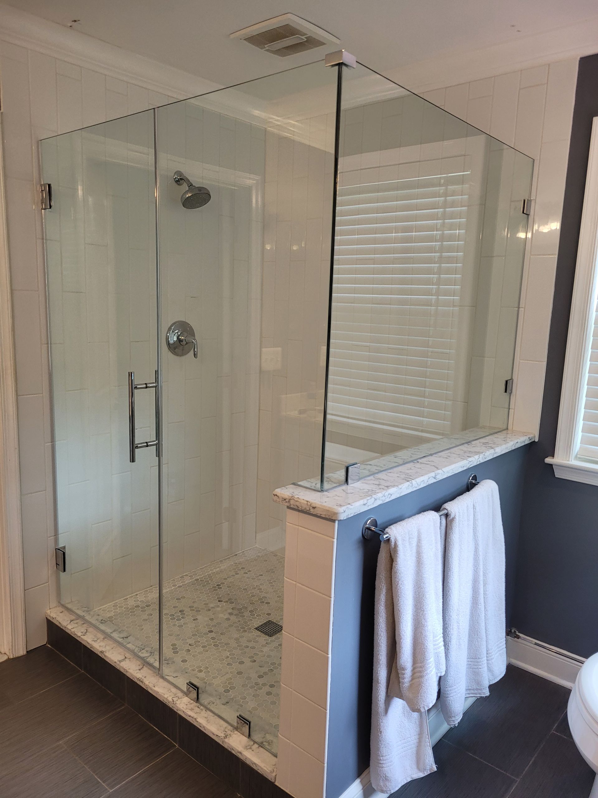 A bathroom with a walk in shower and a toilet.