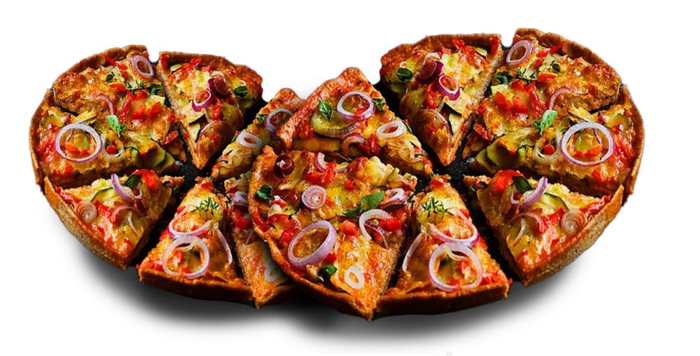 A pizza with a lot of toppings is cut into slices