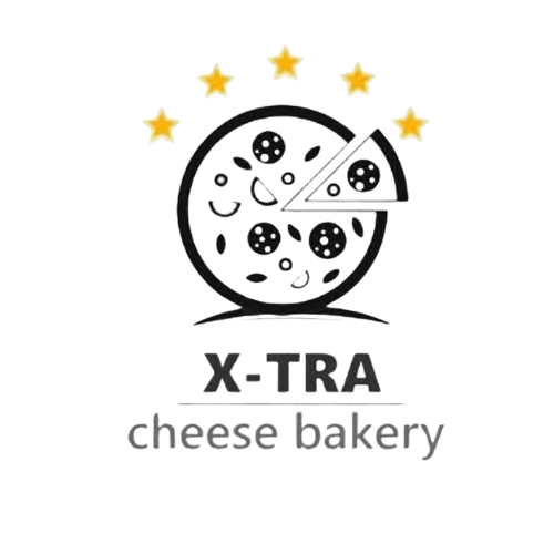 The logo for x-tra cheese bakery shows a pizza with a slice taken out of it.