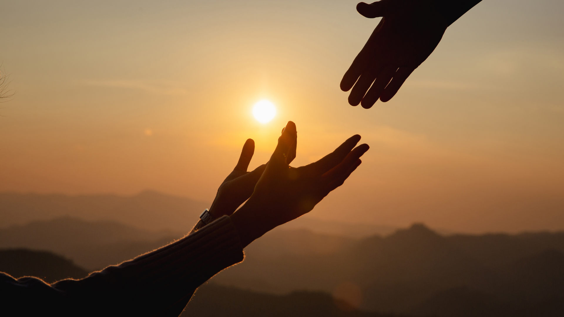 A couple of hands reaching out towards the sun at sunset.