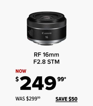 A picture of a canon rf 16mm f2.8 stm lens on a white background.