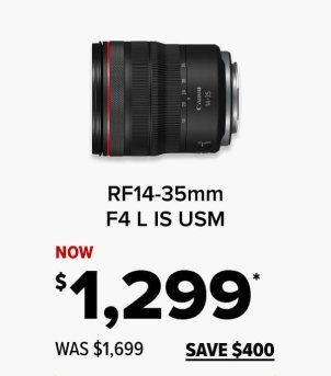 A canon rf14-35mm f4 l is usm lens is on sale for $ 1,299.