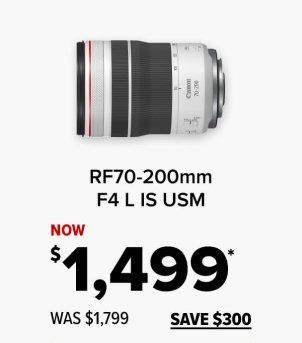 A rf70-200mm f4 l is usm lens is on sale for $ 1,499