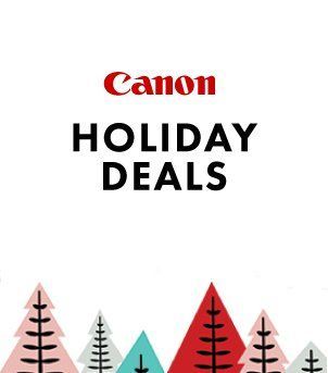 A poster for canon holiday deals with christmas trees in the background.
