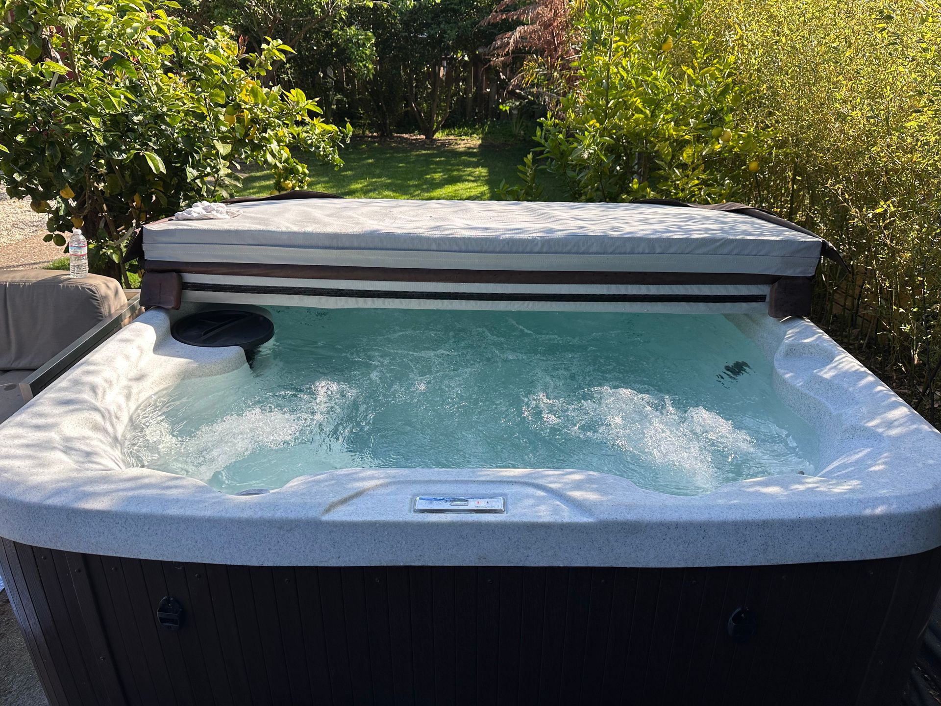 A hot tub is sitting in the middle of a garden with trees in the background.