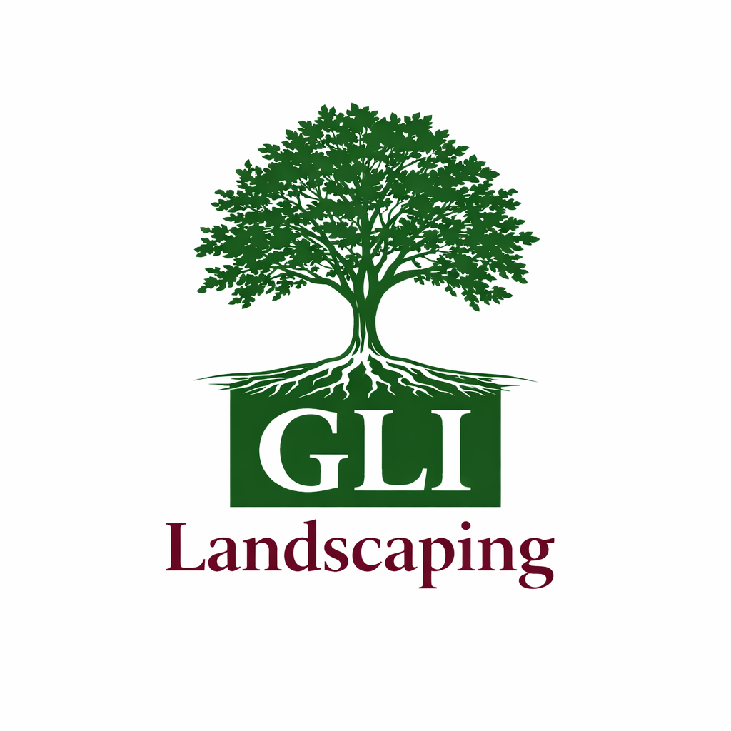 Green tree logo over the letters GLI, with the word "Landscaping" in maroon below.