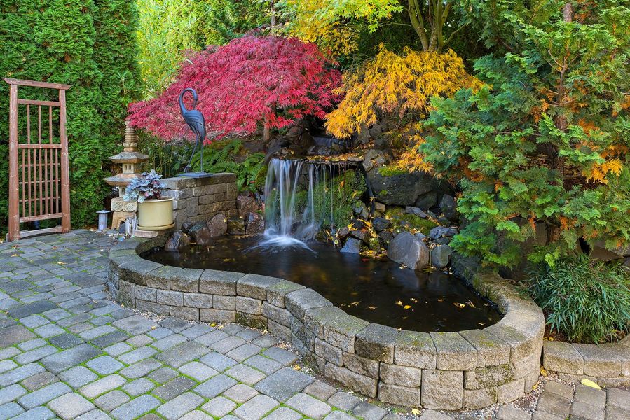 Serene garden with a small waterfall cascading into a pond, surrounded by colorful foliage and stone border.