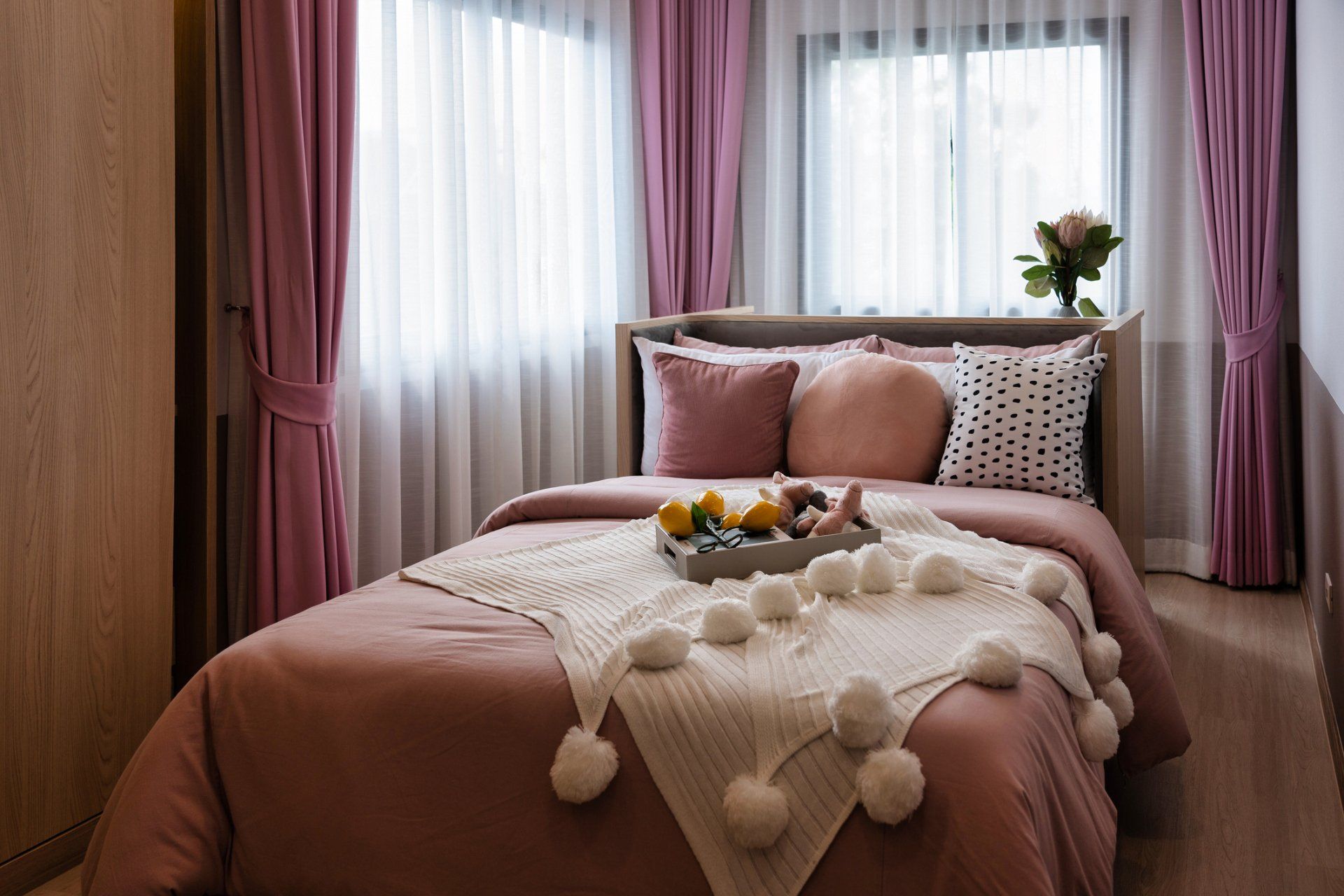 Bedroom with White and Pink Curtains — Marulan, NSW — Carpet Curtains & Blinds