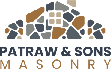 The logo for patraw & sons masonry shows a house made of rocks.