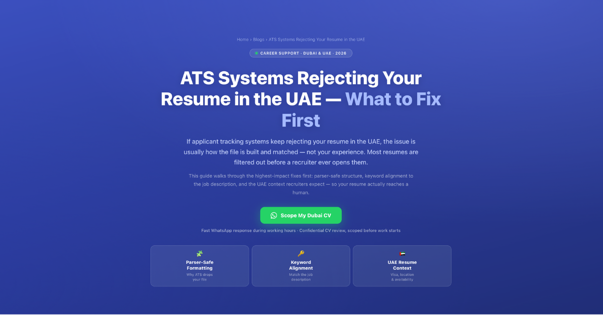 If ATS systems are rejecting your resume in the UAE, learn the parsing, keyword and formatting fixes