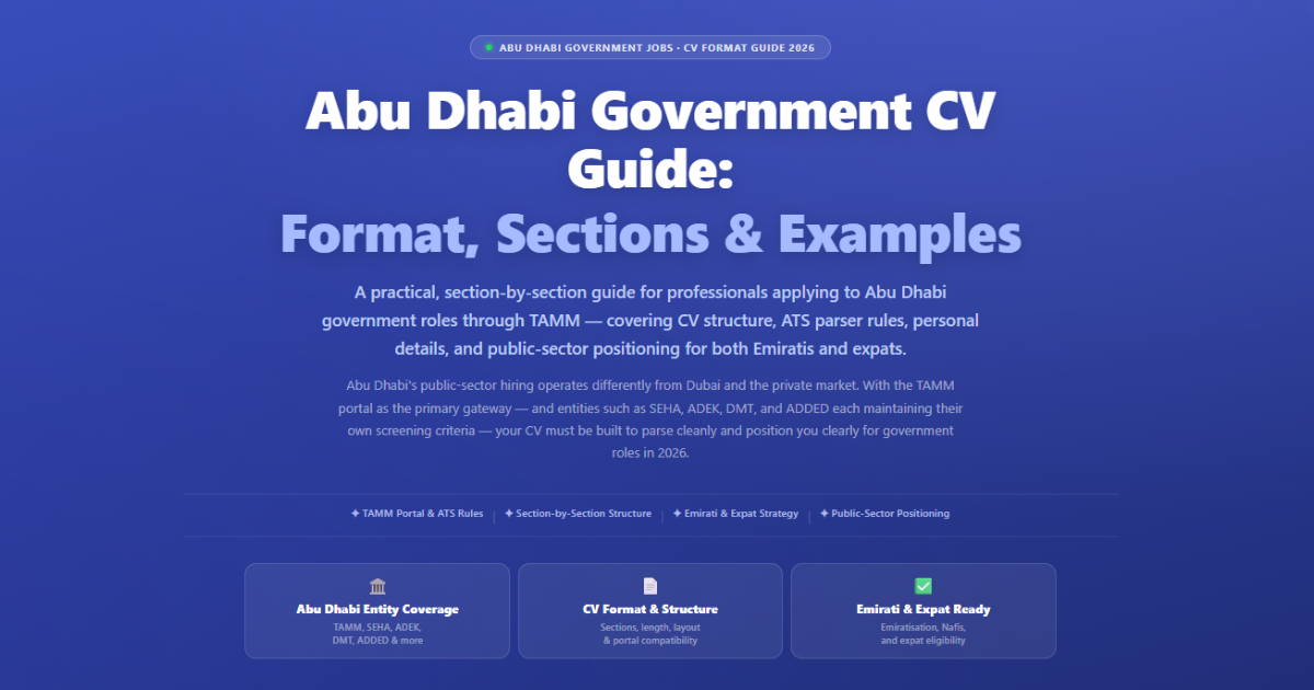 Abu Dhabi Government CV Guide showing format, sections and examples for TAMM portal applications — L