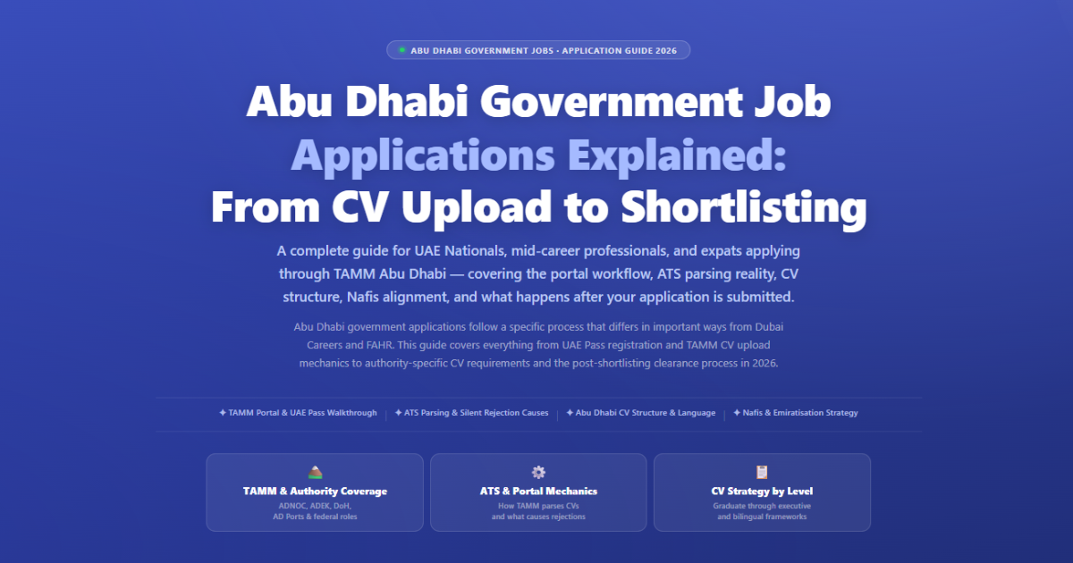 Abu Dhabi government job applications guide covering TAMM portal, CV upload mechanics, ATS parsin
