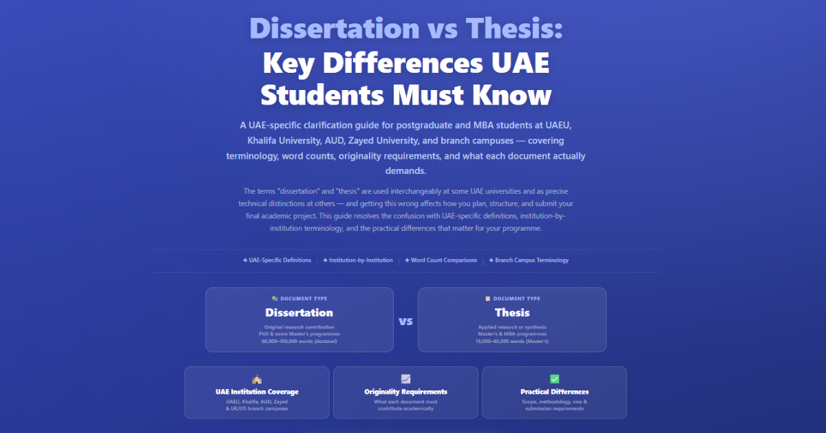 Confused by dissertation vs thesis in UAE universities? Compare terminology, word counts, viva rules
