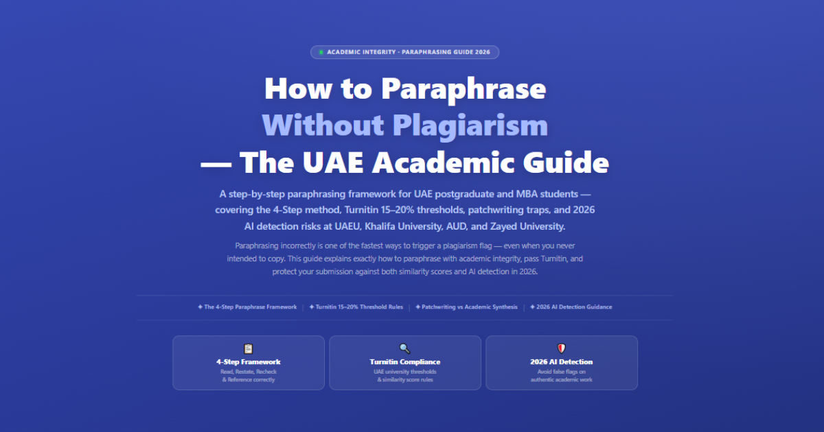 Academic paraphrasing guide for UAE university students showing 4 step framework and Turnitin 2026