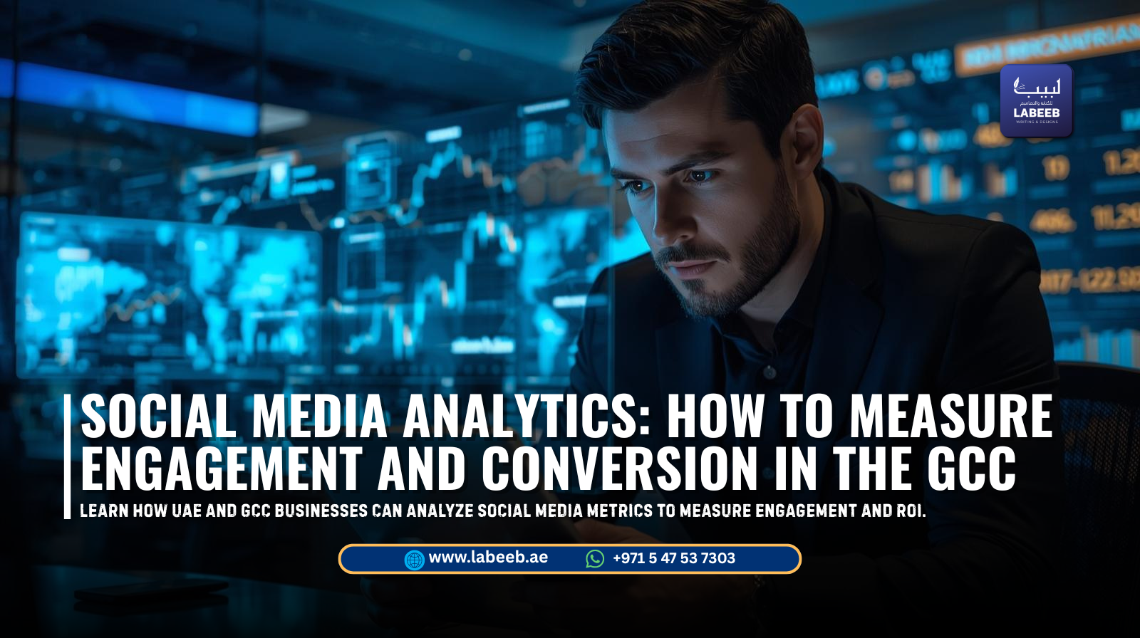 Digital marketing analyst reviewing social media analytics dashboard in Dubai