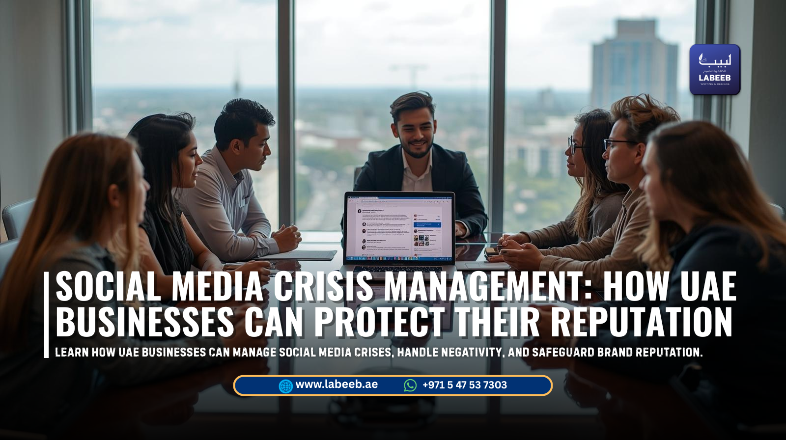 Crisis management team reviewing brand reputation on social media in Dubai