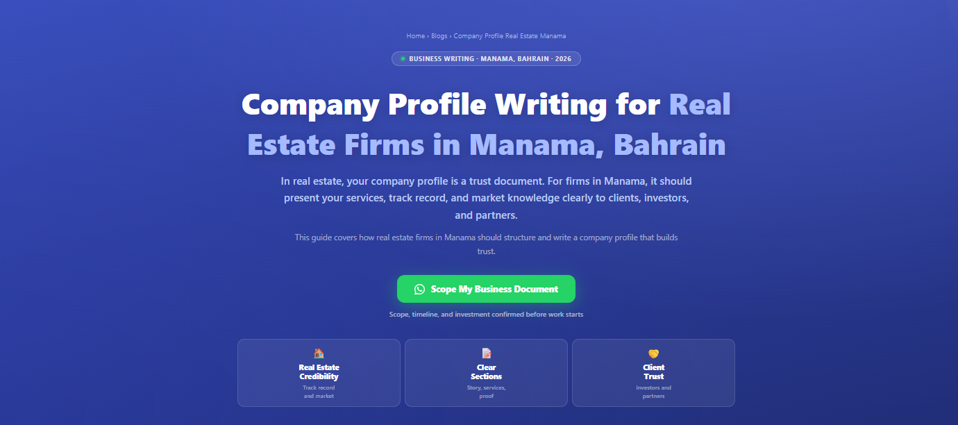 Company profile writing for real estate firms in Manama, Bahrain by Labeeb.ae