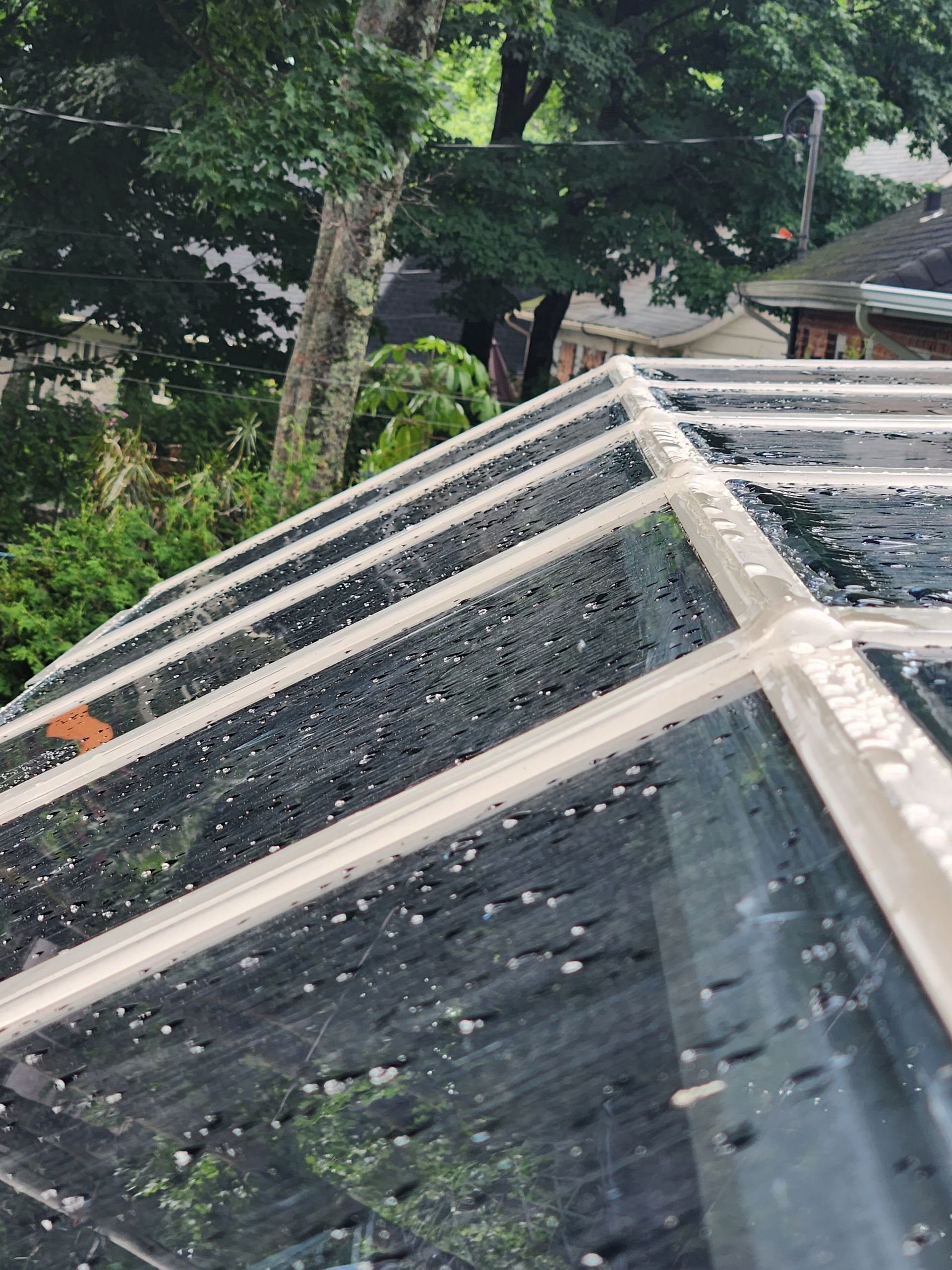 Un toit transparent avec des gouttes de pluie dessus et des arbres en arrière-plan