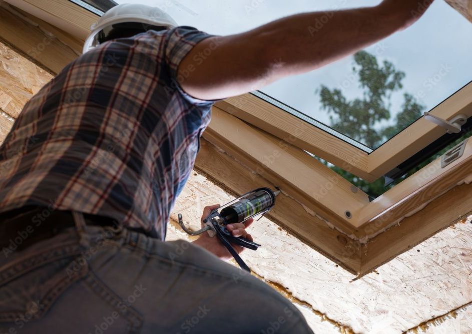 Un homme portant un casque de chantier scelle un puits de lumière à l'aide d'un pistolet à calfeutrer.