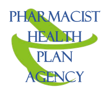 Logo for Pharmacist Health Plan Agency, with text overlaid on a green mortar and pestle shape.